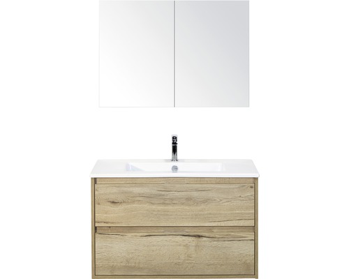 SANOX Badkamermeubelset Porto met spiegelkast en wastafel 91 cm natuur eiken Wastafelcombinatie met spiegelkast, wastafel en onderkast met twee laden.