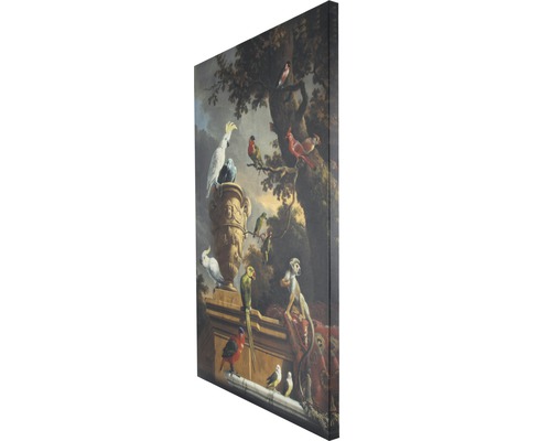 Decoratief canvas met een afbeelding van papegaaien, een vaas en een aap.