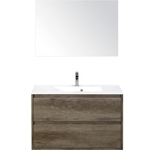 Wastafelcombinatie met spiegel, wastafel, kraan en onderkast met twee laden