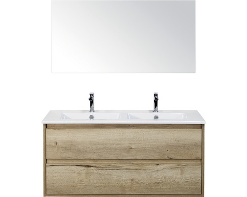 SANOX Badkamermeubelset twee laden Porto met spiegel en dubbele wastafel 121 cm natuur eiken SANOX Badkamermeubelset twee laden Porto met spiegel en dubbele wastafel 121 cm natuur eiken