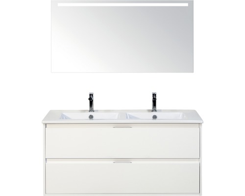 Badkamermeubelset Porto 120 cm 2 laden keramische wastafel incl. spiegel met verlichting wit hoogglans