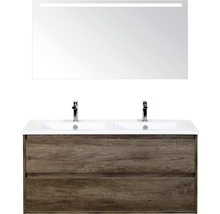 Wastafelmeubel met twee wastafels, onderkast met twee laden en spiegel met verlichting