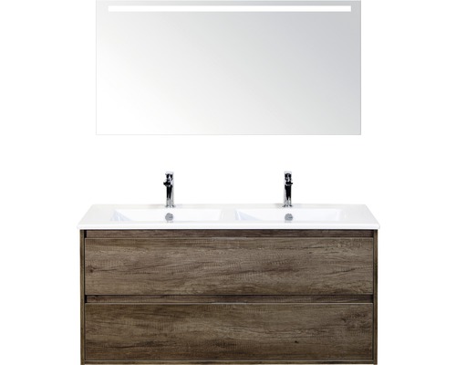 Badkamermeubelset Porto 120 cm 2 laden keramische wastafel incl. spiegel met verlichting nebraska eiken