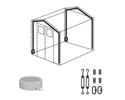 Afbeelding van een kasframe met accessoires zoals touw, spanschroeven en klemmen