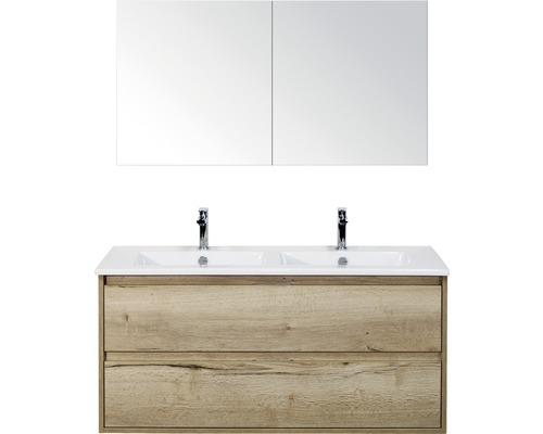 Badkamermeubelset Porto 120 cm 2 laden keramische wastafel incl. spiegelkast natuur eiken