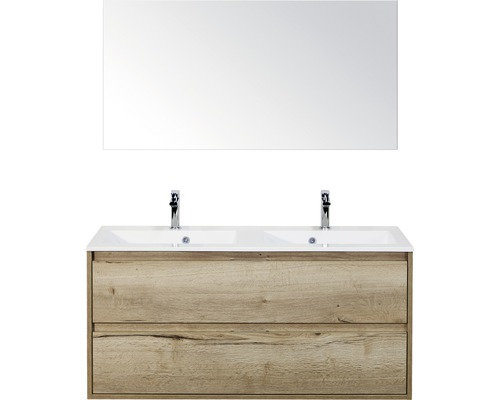 Badkamermeubelset Porto 120 cm 2 laden kunststeen wastafel incl. spiegel natuur eiken