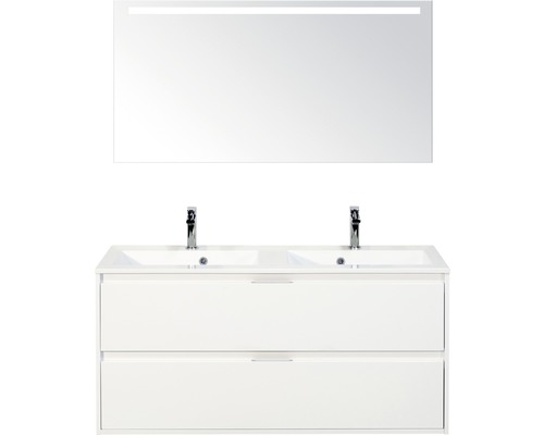 Badkamermeubelset Porto 120 cm 2 laden kunststeen wastafel incl. spiegel met verlichting wit hoogglans