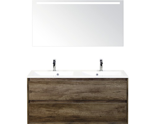 Badkamermeubelset Porto 120 cm 2 laden kunststeen wastafel incl. spiegel met verlichting nebraska eiken