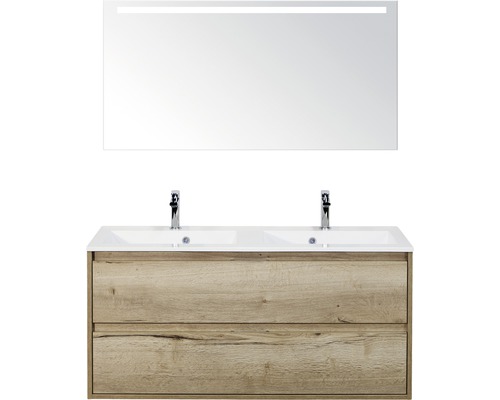 Badkamermeubelset Porto 120 cm 2 laden kunststeen wastafel incl. spiegel met verlichting natuur eiken