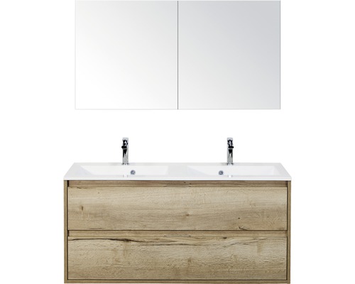 Badkamermeubelset Porto 120 cm 2 laden kunststeen wastafel incl. spiegelkast natuur eiken