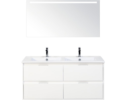 Badkamermeubelset Porto 120 cm 4 laden keramische wastafel incl. spiegel met verlichting wit hoogglans