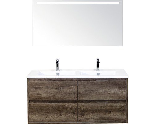Badkamermeubelset Porto 120 cm 4 laden keramische wastafel incl. spiegel met verlichting nebraska eiken