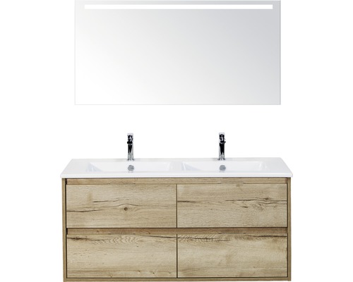 Badkamermeubelset Porto 120 cm 4 laden keramische wastafel incl. spiegel met verlichting natuur eiken