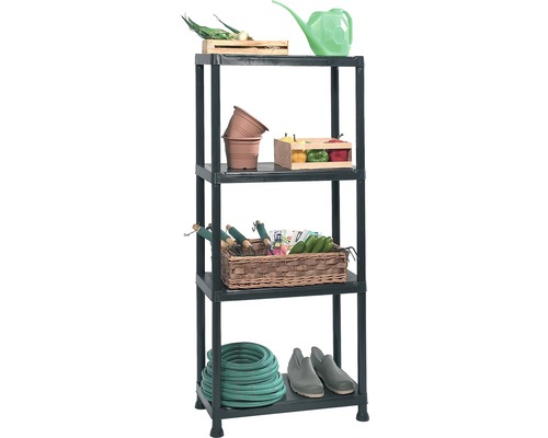 Kunststof rek met vier niveaus voor het opbergen van tuingereedschap