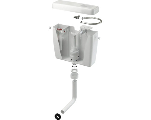 Doorsnede van een toiletreservoir met accessoires