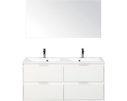 Badkamermeubelset Porto 120 cm 4 laden kunststeen wastafel incl. spiegel wit hoogglans
