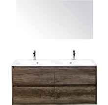 Wastafelcombinatie met spiegel, houten decor, dubbele wastafel en lades
