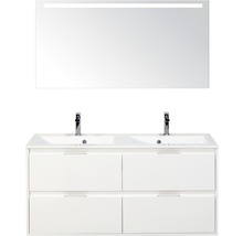 Wastafelmeubel met twee wastafels, onderkast met laden en verlichte spiegel voor de badkamer