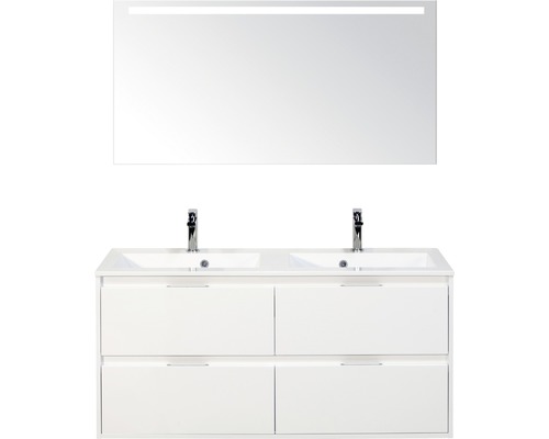 Badkamermeubelset Porto 120 cm 4 laden kunststeen wastafel incl. spiegel met verlichting wit hoogglans