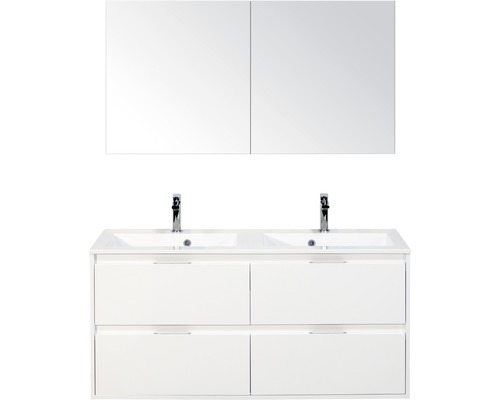 Badkamermeubelset Porto 120 cm 4 laden kunststeen wastafel incl. spiegelkast wit hoogglans