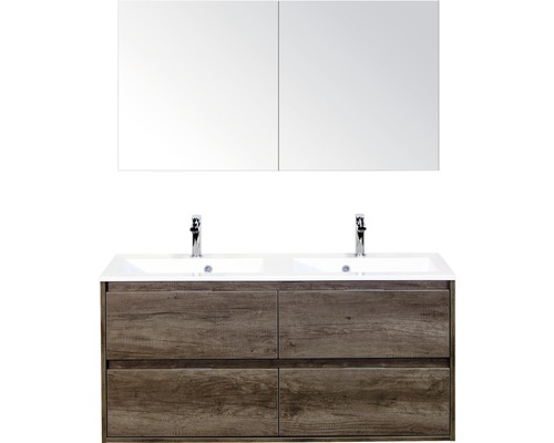 Badkamermeubelset Porto 120 cm 4 laden kunststeen wastafel incl. spiegelkast nebraska eiken