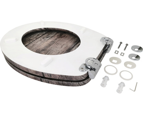 Toiletdeksel met houtdecor en bevestigingsmateriaal