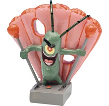 Plankton beeldje met bedieningspaneel en schelpenachtergrond