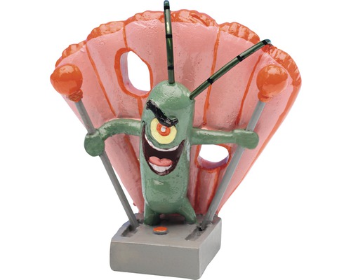 Plankton beeldje met bedieningspaneel en schelpenachtergrond