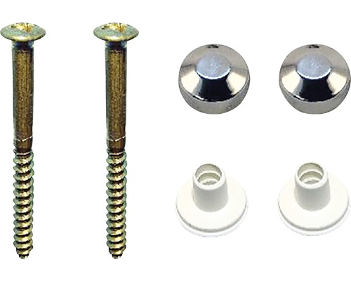 WC bevestigingsset 2 messing schroeven, pluggen Ø M6x70 mm & doppen chroom Twee houtschroeven en twee rozetten voor bevestiging