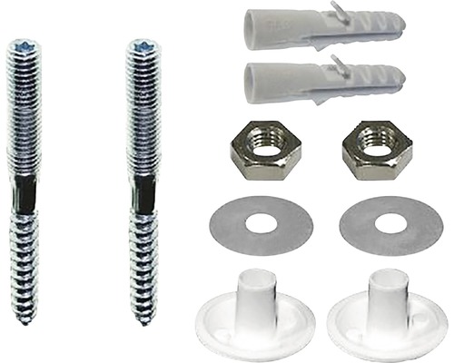 Wastafel bevestigingset Schalfix 2 houtddraadpennen & pluggen Ø M12x140 mm Bevestigingsset met draadeinden, pluggen, moeren, sluitringen en afdekdoppen