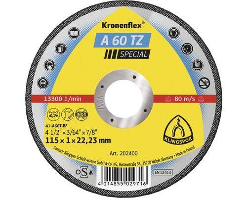 KLINGSPOR Doorslijpschijf A 60 TZ Special voor RVS Ø 115x22,23 mm