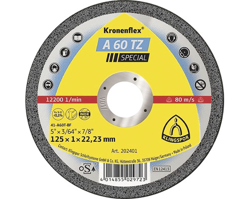 KLINGSPOR Doorslijpschijf A 60 TZ Special voor RVS Ø 125x22,23 mm
