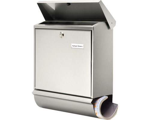 Geopende roestvrijstalen brievenbus met krantenhouder