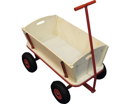 Houten bolderkar met rood stalen buizenframe