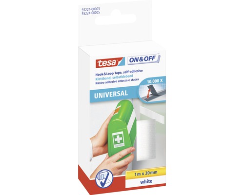 TESA On & Off klittenbandtape zelfklevend wit 1 m x 20 mm Tesa klittenband Universal zelfklevend, 1 meter bij 20 millimeter, wit