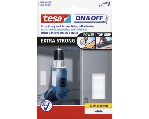 TESA On & Off klittenbandstrips zelfklevend extra strong wit 10 cm x 50 mm 2 stuks Tesa klittenband extra sterk, zelfklevend, 10 cm x 50 mm