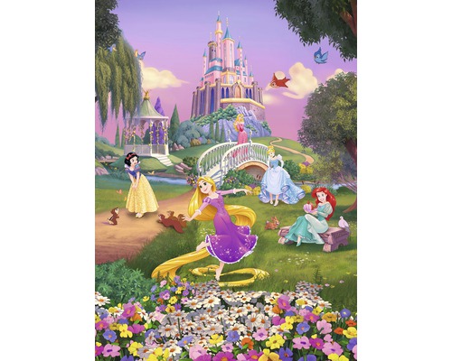 SUNNY DECOR Fotobehang papier SD4026/4-4026 Disney Princess sunset 184x254 cm Illustratie met de Disneyprinsessen voor een kasteel in een helder, weelderig tuinlandschap.