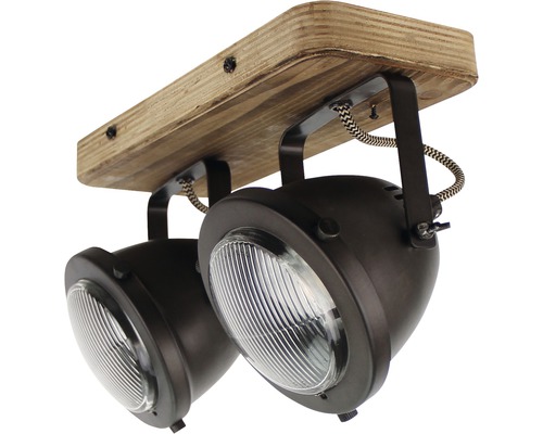 Plafondlamp met twee spots van hout en metaal