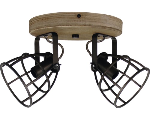 Plafondlamp met twee spots, hout en metaal