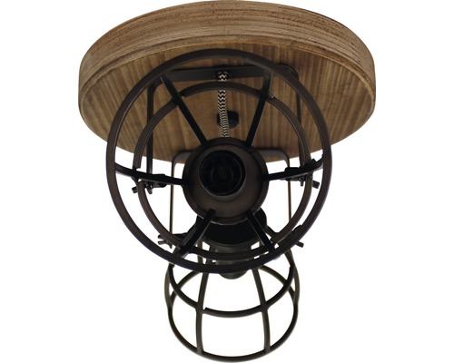 Plafondlamp met houten details en metalen kooi