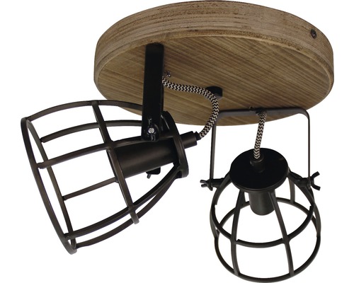 Plafondlamp met twee lampenkappen in kooivorm en houten voet