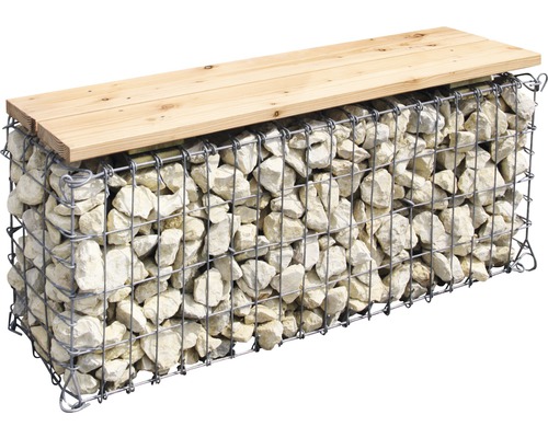 Gabionenbank met houten blad en steenvulling