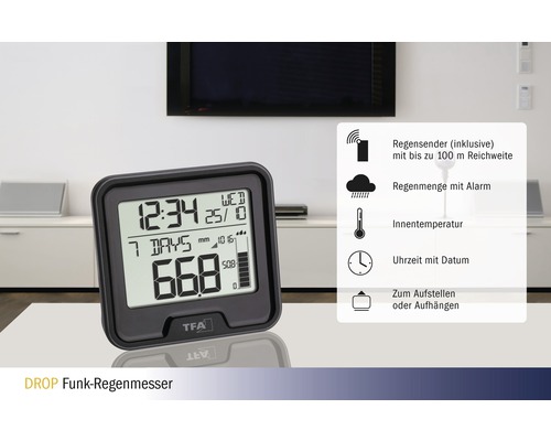 DROP draadloze regenmeter met weergave van regenhoeveelheid, binnentemperatuur en tijd
