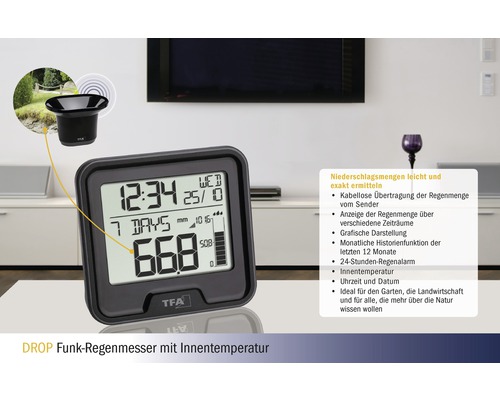 Draadloze regenmeter met binnentemperatuurweergave van TFA