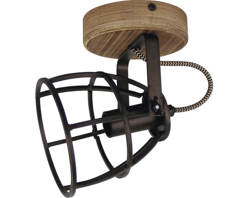 Plafondlamp met houten voet en metalen kooi