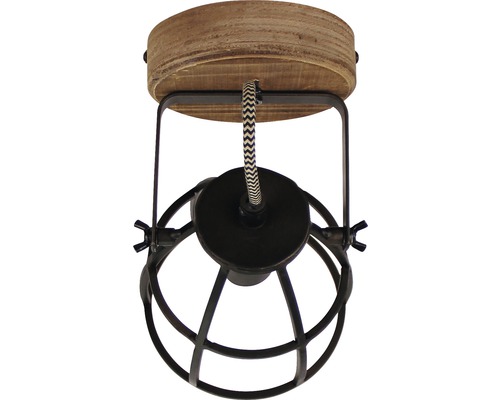 Plafondlamp met houten element en metalen kooi