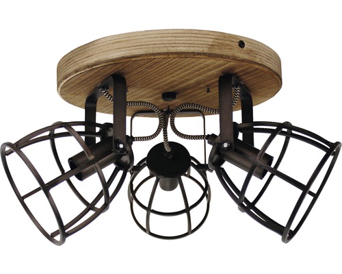 Plafondlamp met drie lampen en houten element