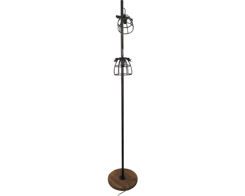 Vloerlamp met twee lampenkappen in kooilook en ronde houten voet