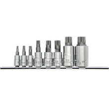 Set Torx-bitdoppen met verschillende maten op een metalen rail