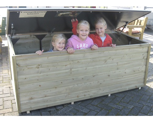 Open houten kussenbox met drie kinderen erin.
